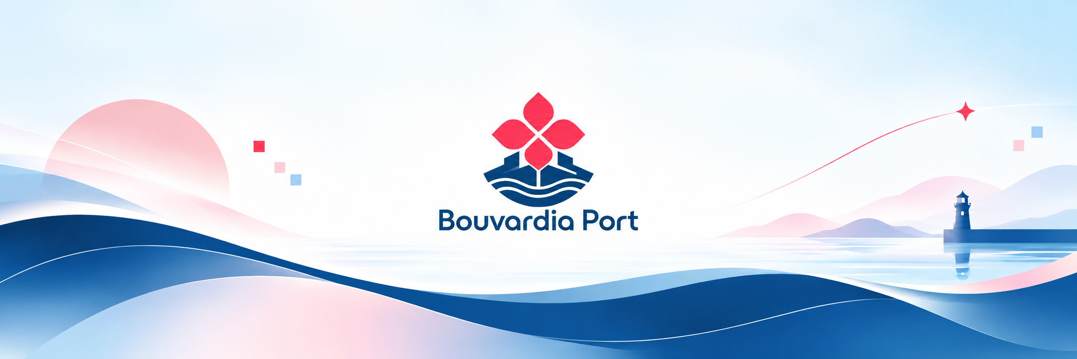 花が咲く港と穏やかな波を描いたBouvardia Portのキービジュアル